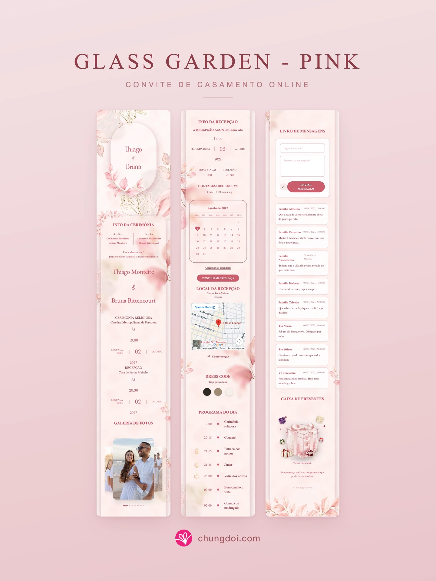 Visão completa do convite de casamento Glass Garden - Pink: as três partes lado a lado