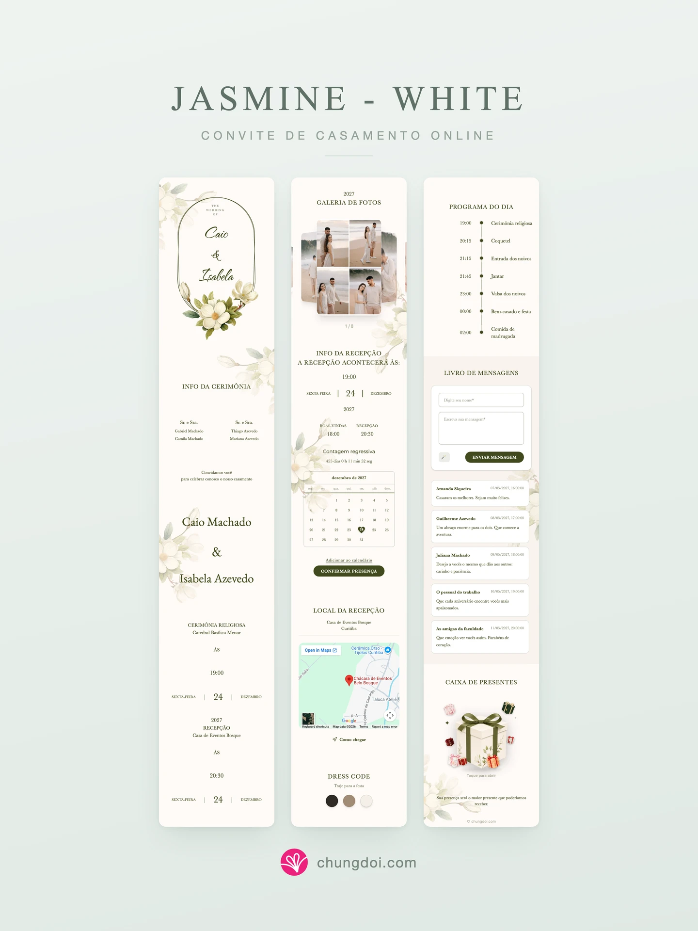 Visão completa do convite de casamento Jasmine - White: as três partes lado a lado