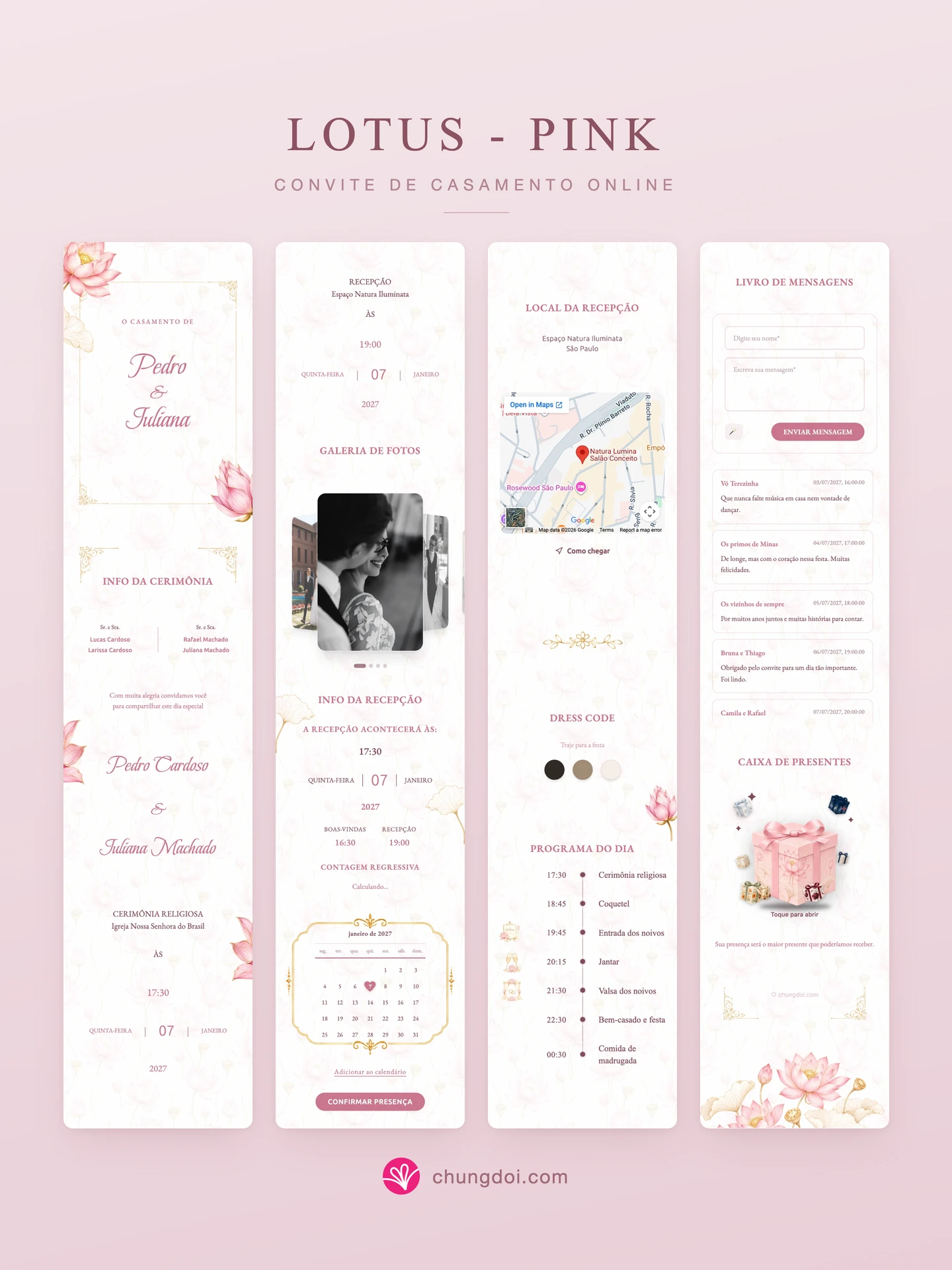 Visão completa do convite de casamento Lotus - Pink: as três partes lado a lado