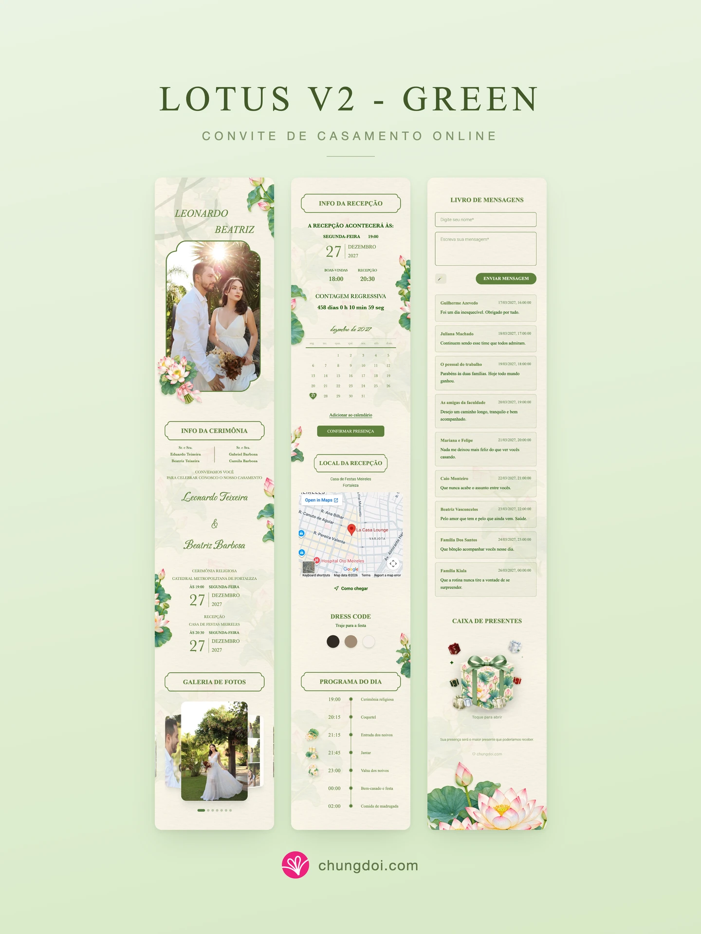 Visão completa do convite de casamento Lotus V2 - Green: as três partes lado a lado