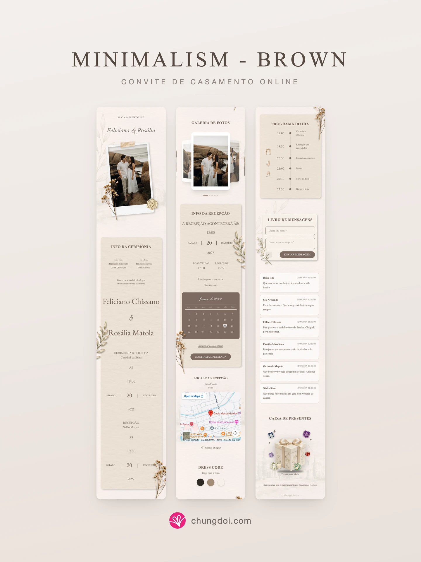 Visão completa do convite de casamento Minimalism - Brown: as três partes lado a lado