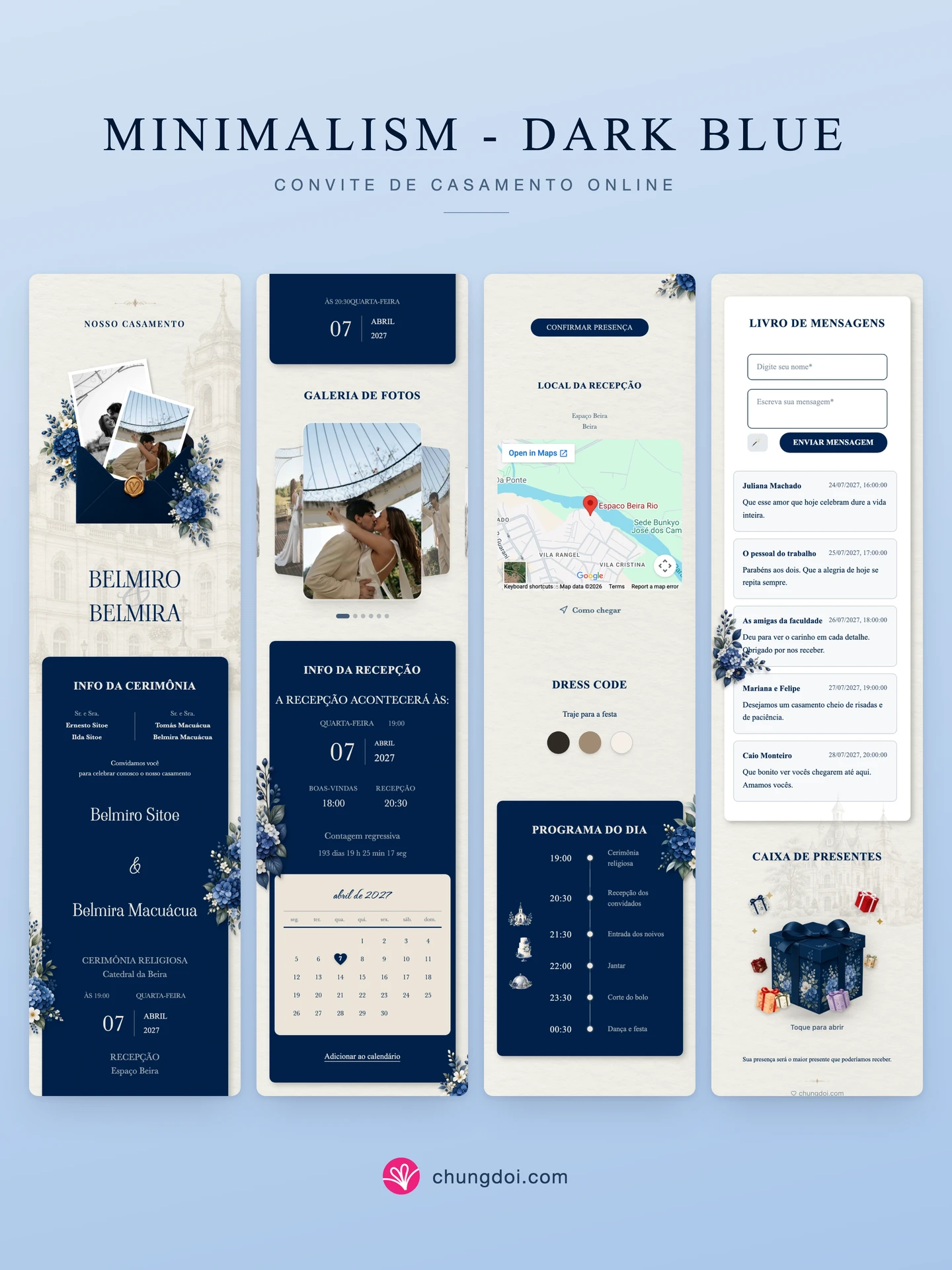 Visão completa do convite de casamento Minimalism - Dark Blue: as três partes lado a lado