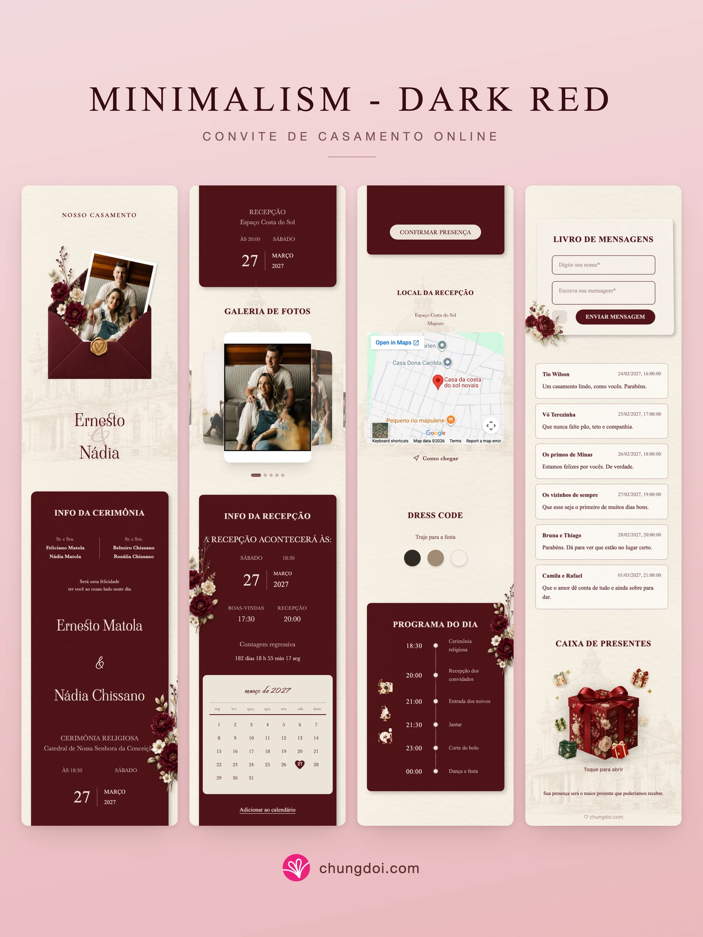 Visão completa do convite de casamento Minimalism - Dark Red: as três partes lado a lado
