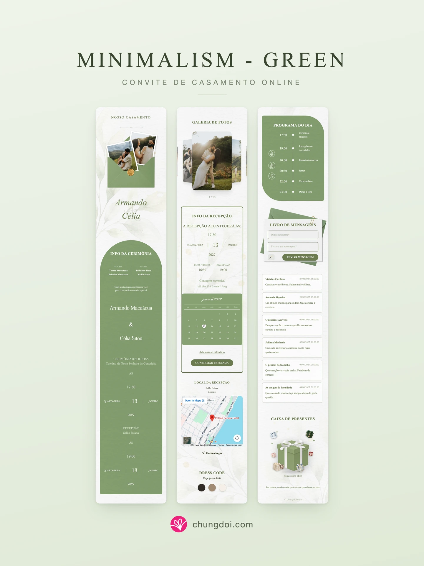 Visão completa do convite de casamento Minimalism - Green: as três partes lado a lado