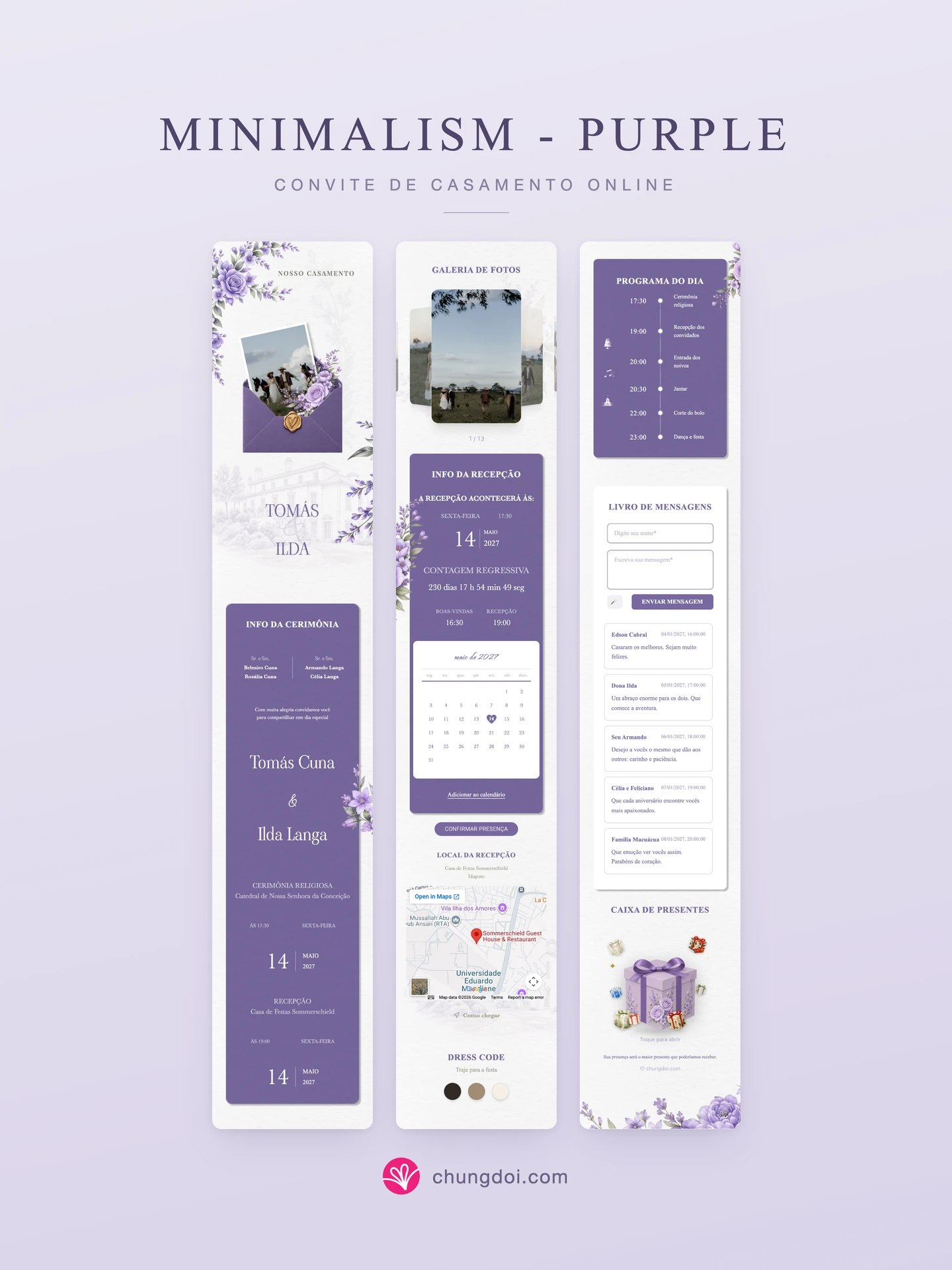 Visão completa do convite de casamento Minimalism - Purple: as três partes lado a lado