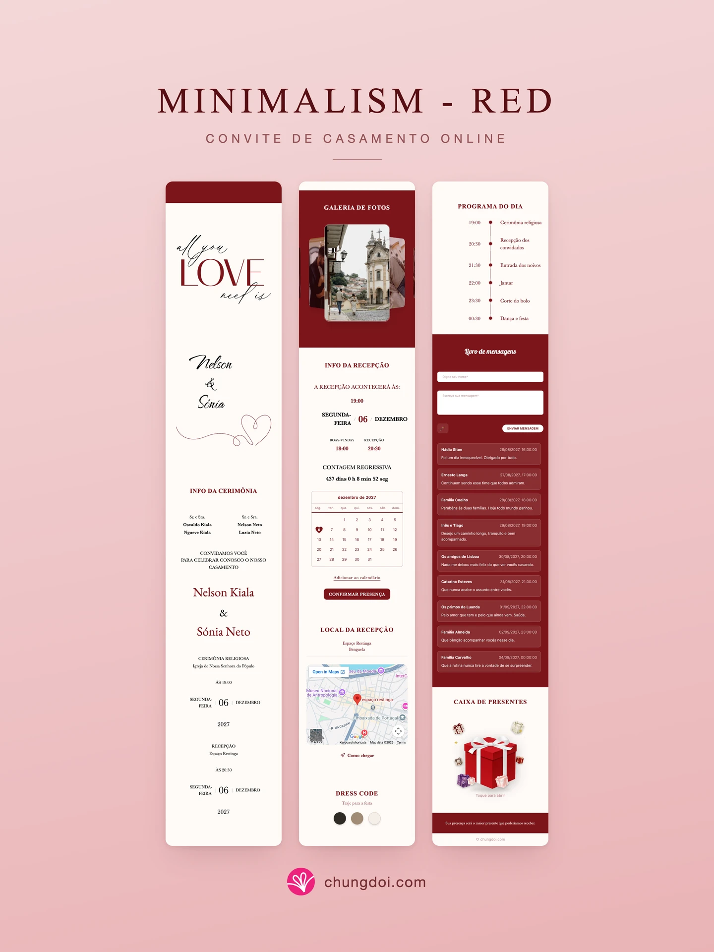 Visão completa do convite de casamento Minimalism - Red: as três partes lado a lado