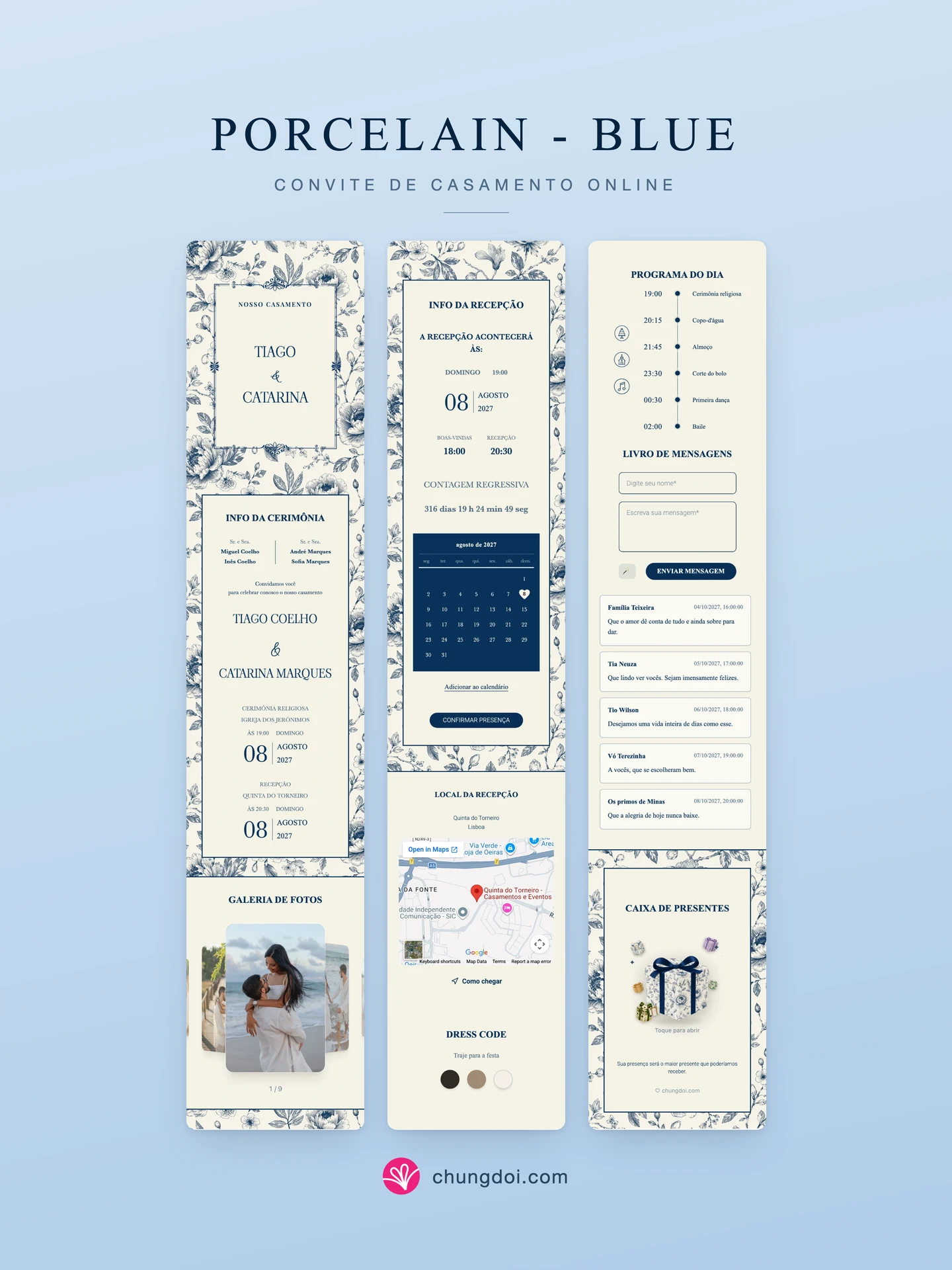Visão completa do convite de casamento Porcelain - Blue: as três partes lado a lado