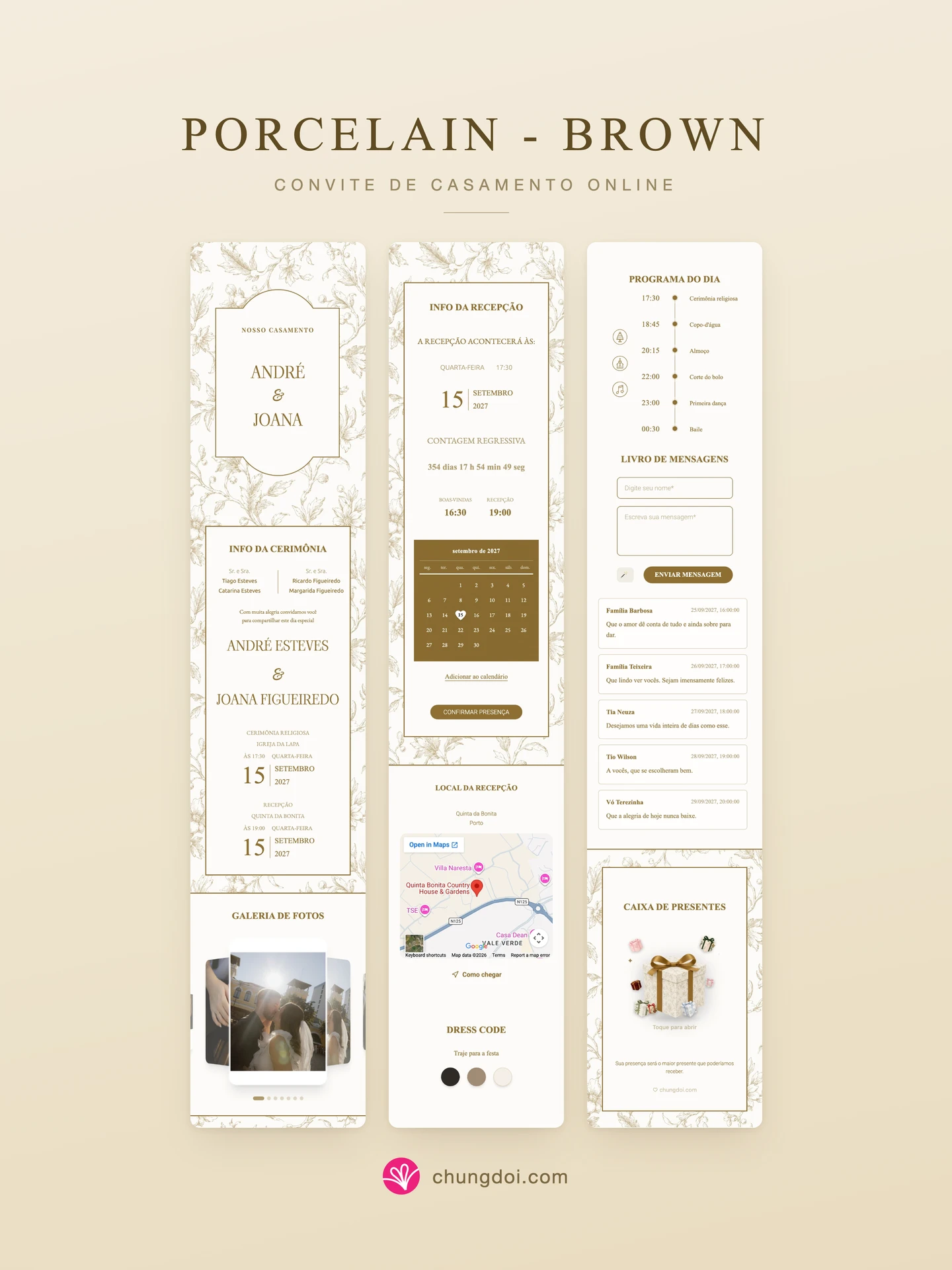 Visão completa do convite de casamento Porcelain - Brown: as três partes lado a lado