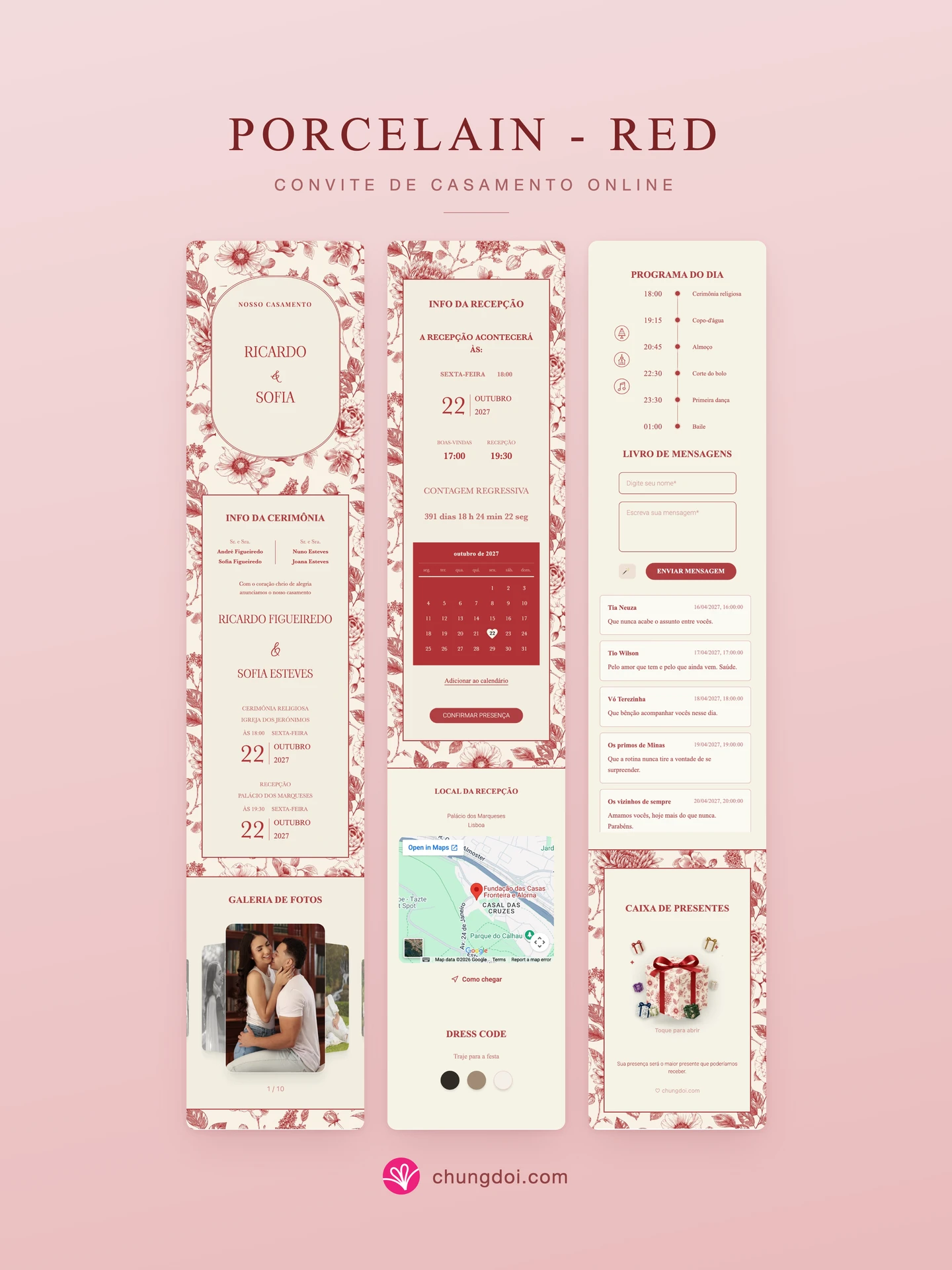 Visão completa do convite de casamento Porcelain - Red: as três partes lado a lado