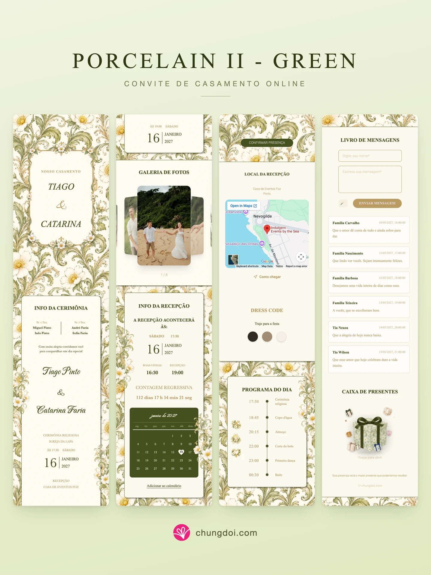 Visão completa do convite de casamento Porcelain II - Green: as três partes lado a lado