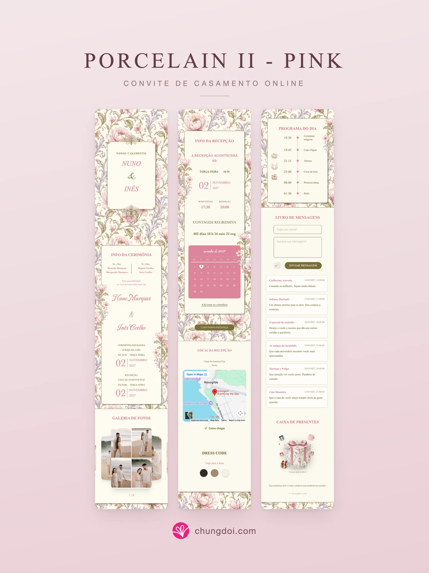 Visão completa do convite de casamento Porcelain II - Pink: as três partes lado a lado