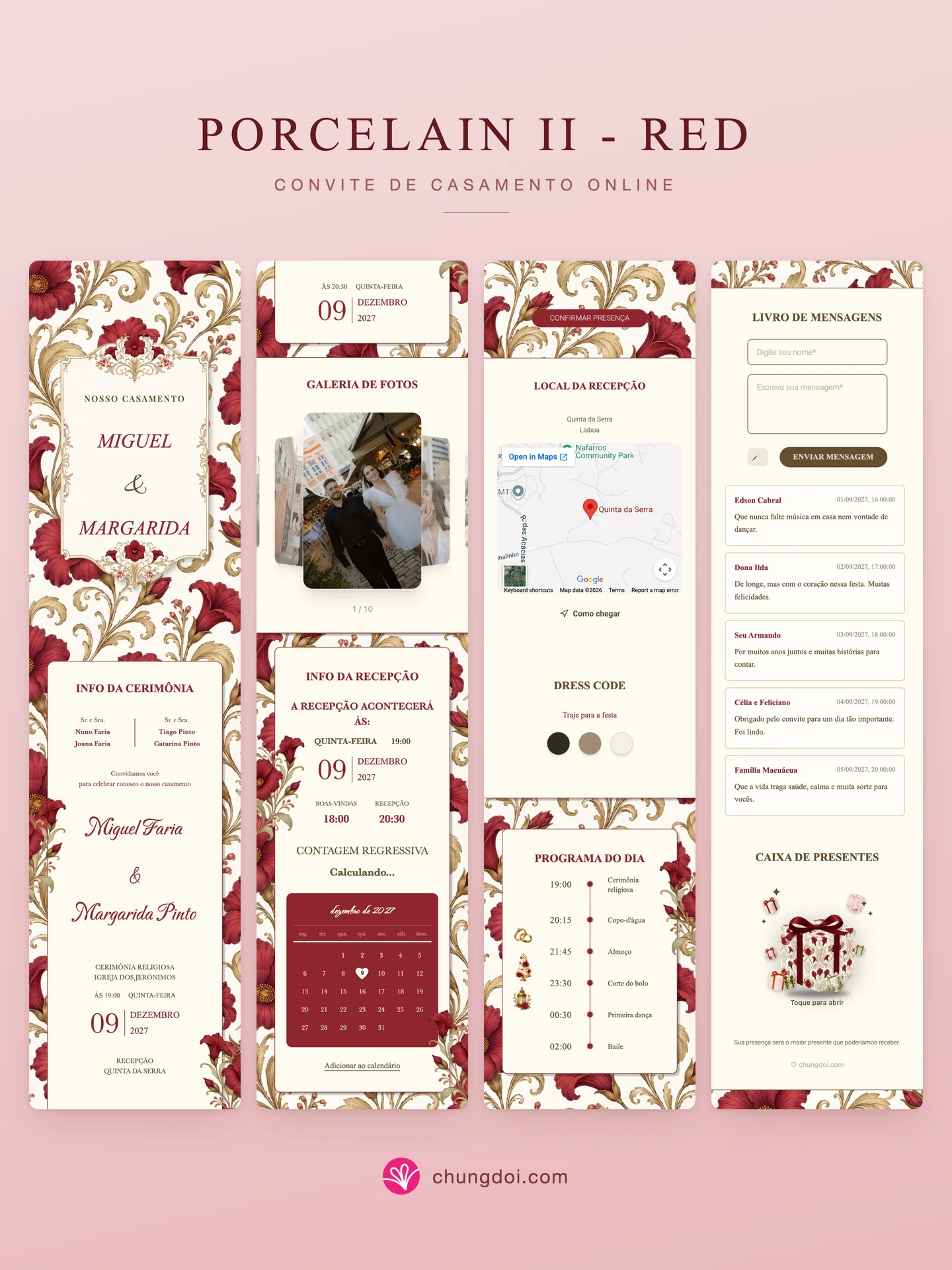Visão completa do convite de casamento Porcelain II - Red: as três partes lado a lado