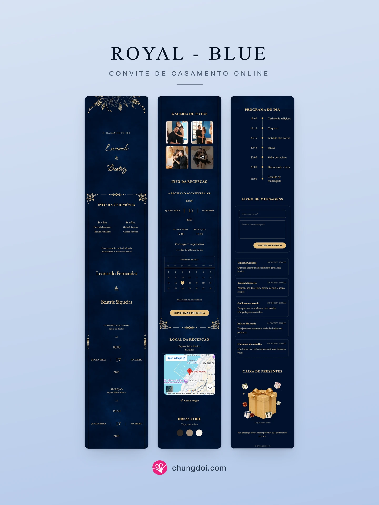 Visão completa do convite de casamento Royal - Blue: as três partes lado a lado