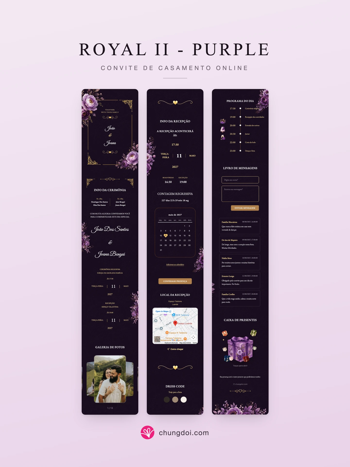 Visão completa do convite de casamento Royal II - Purple: as três partes lado a lado
