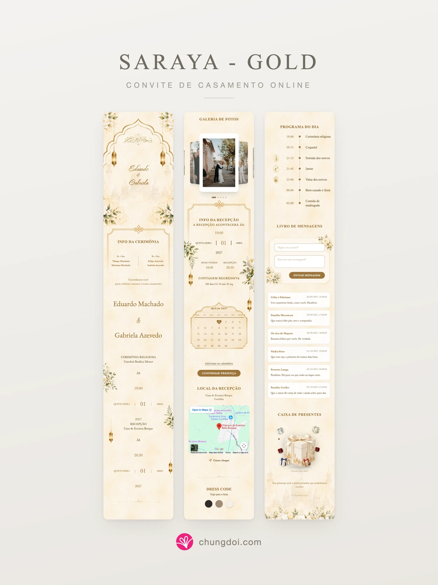 Visão completa do convite de casamento Saraya - Gold: as três partes lado a lado
