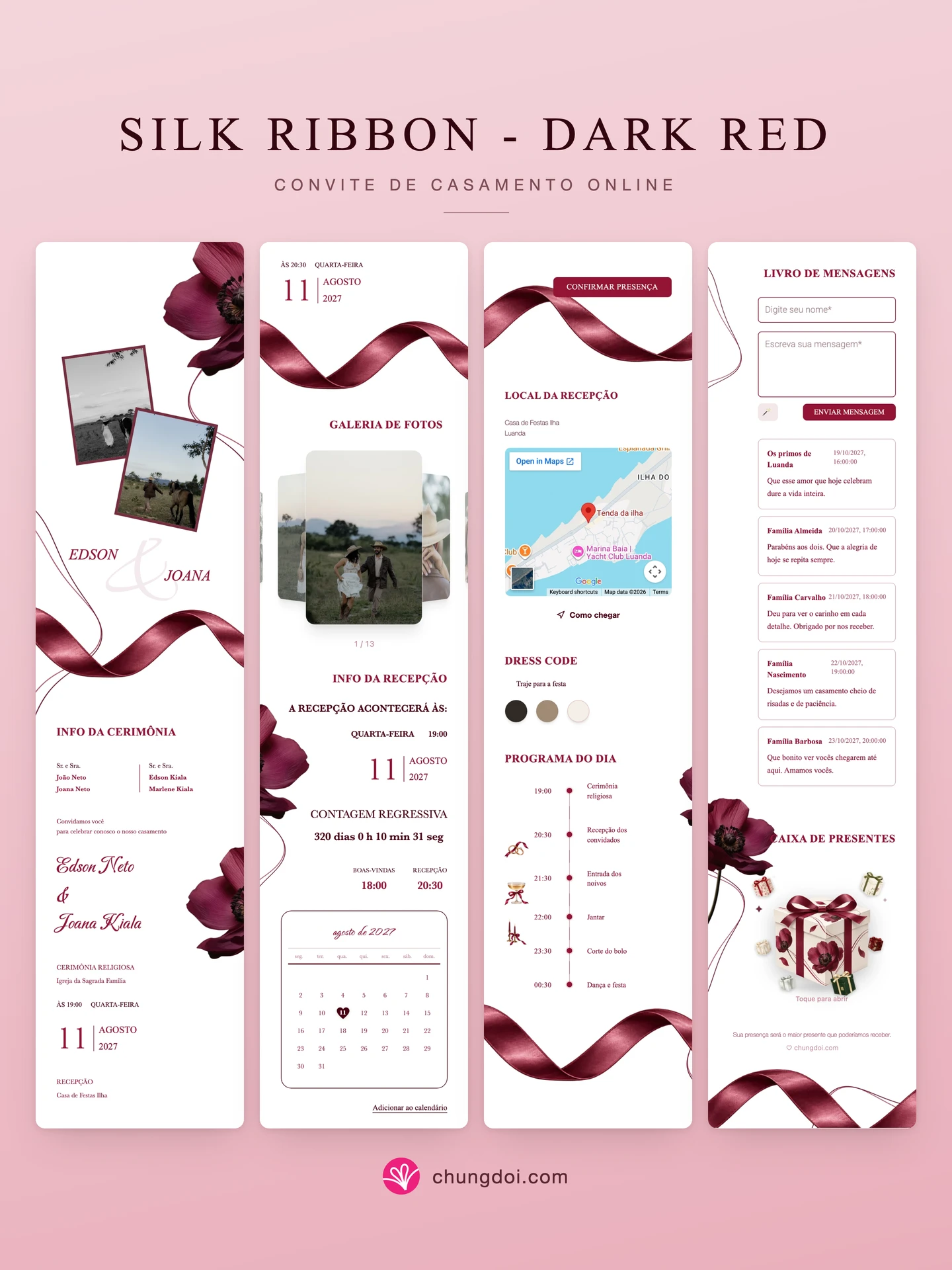 Visão completa do convite de casamento Silk Ribbon - Dark Red: as três partes lado a lado