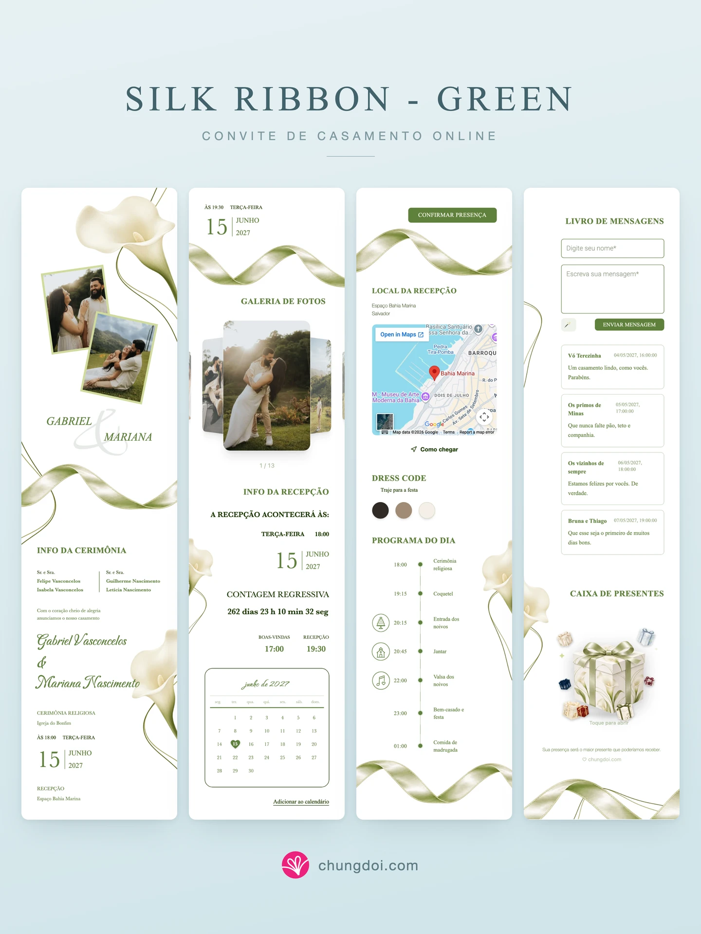 Visão completa do convite de casamento Silk Ribbon - Green: as três partes lado a lado