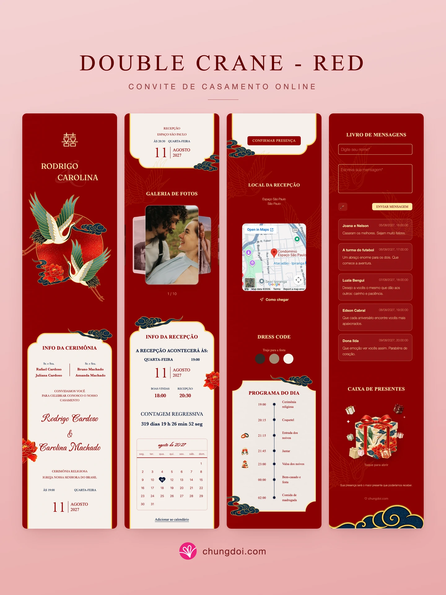 Visão completa do convite de casamento Double Crane - Red: as três partes lado a lado