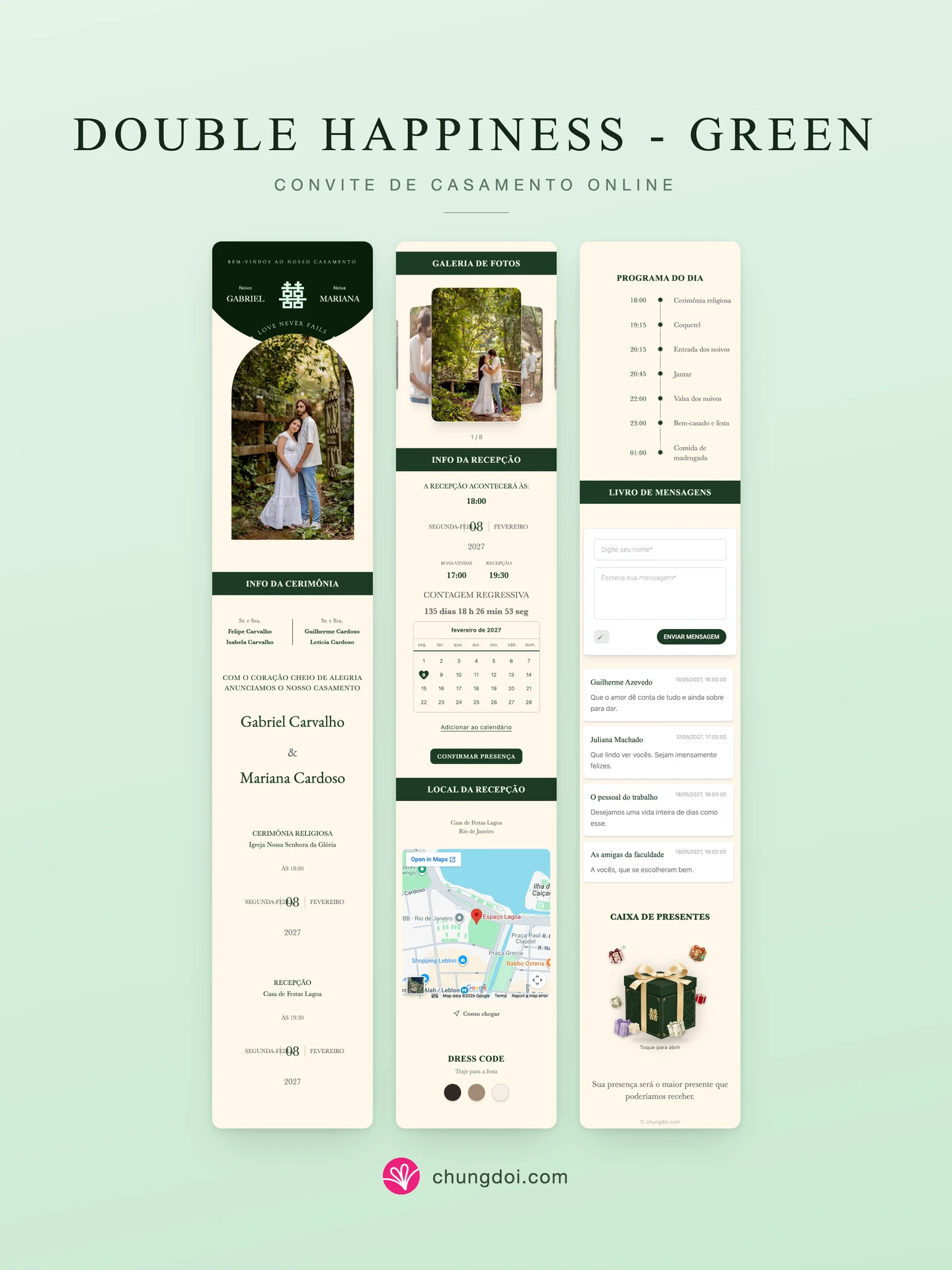 Visão completa do convite de casamento Double Happiness - Green: as três partes lado a lado