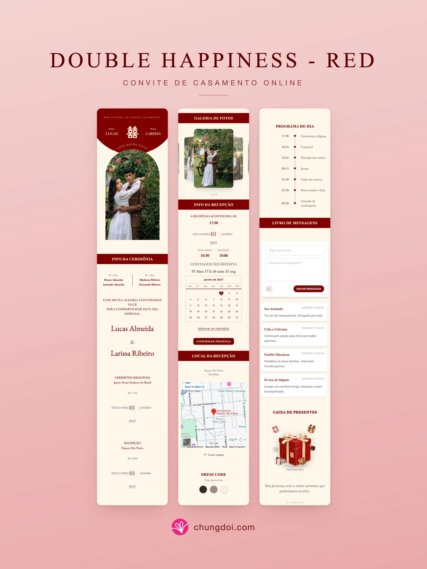 Visão completa do convite de casamento Double Happiness - Red: as três partes lado a lado