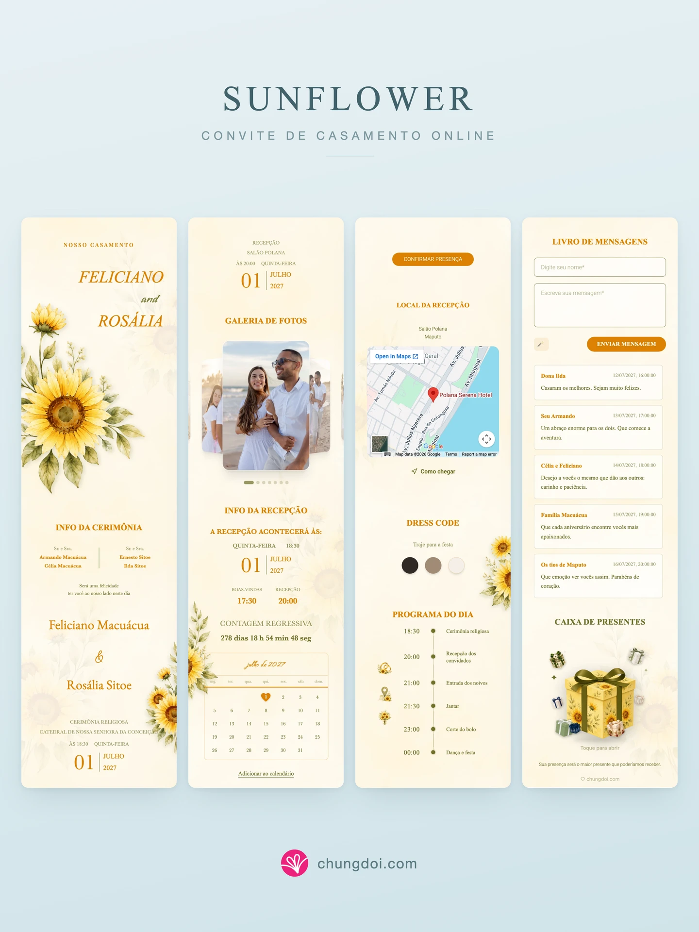 Visão completa do convite de casamento Sunflower: as três partes lado a lado