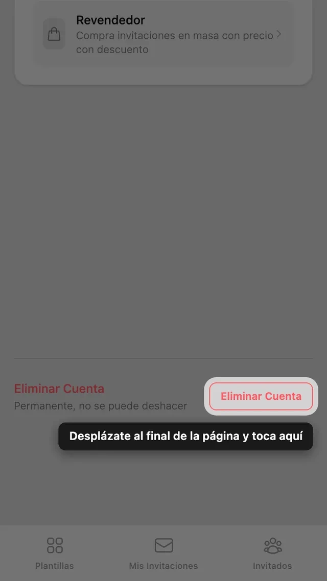 El botón de eliminar cuenta al final de la página Cuenta