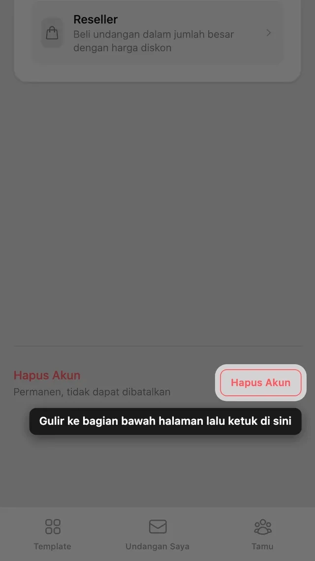 Tombol hapus akun di bagian bawah halaman Akun