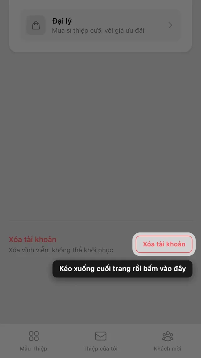 Nút Xóa tài khoản ở cuối trang Tài khoản