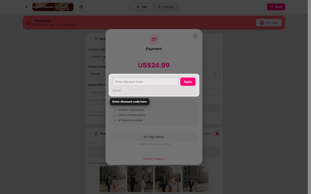 Ödeme ekranındaki indirim kodu alanı