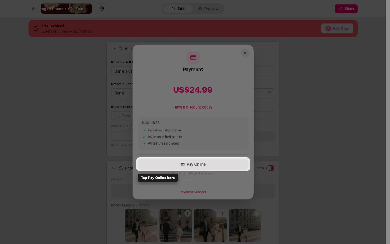 Ödeme ekranındaki online öde düğmesi