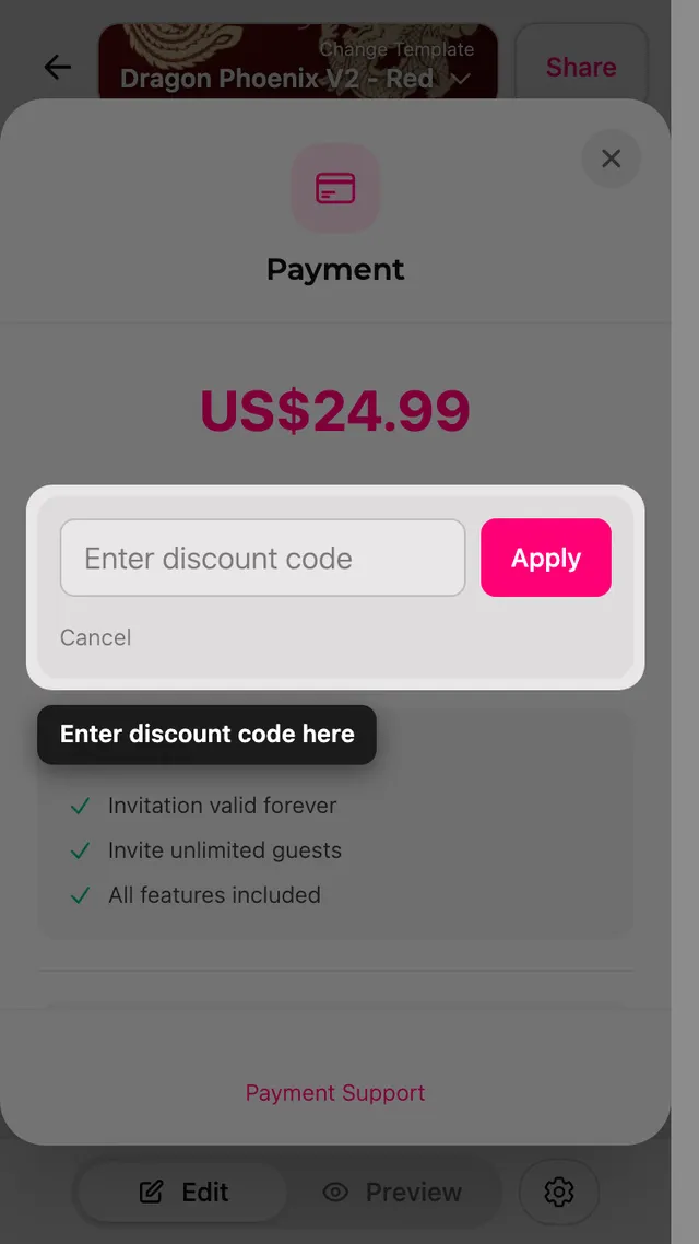 Ödeme ekranındaki indirim kodu alanı