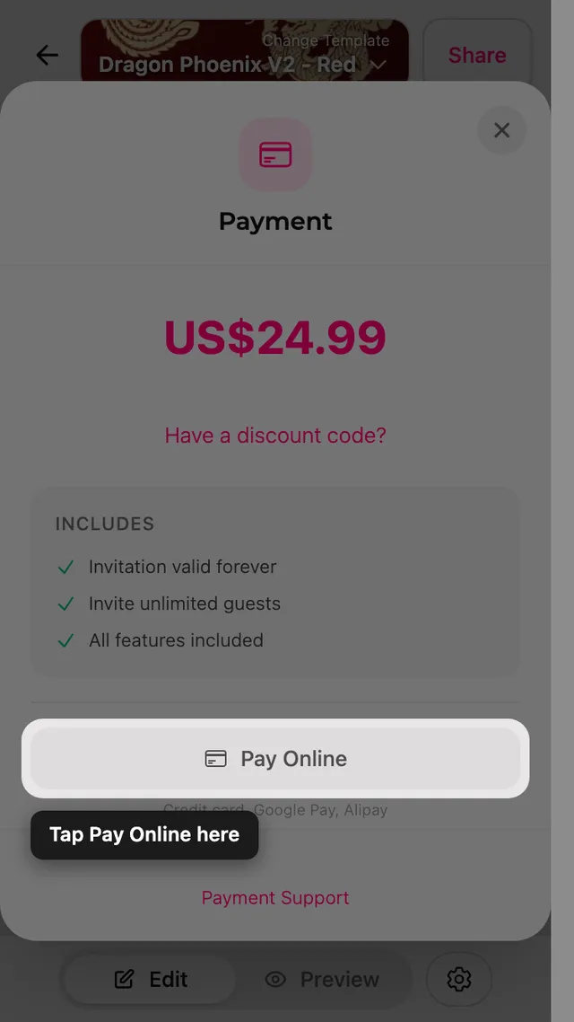 Ödeme ekranındaki online öde düğmesi