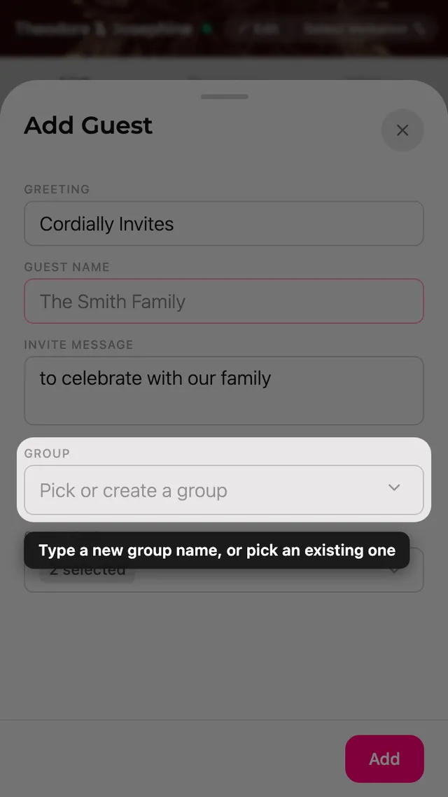 Misafir formundaki, mevcut ve yeni gruplar için seçicisi olan grup alanı