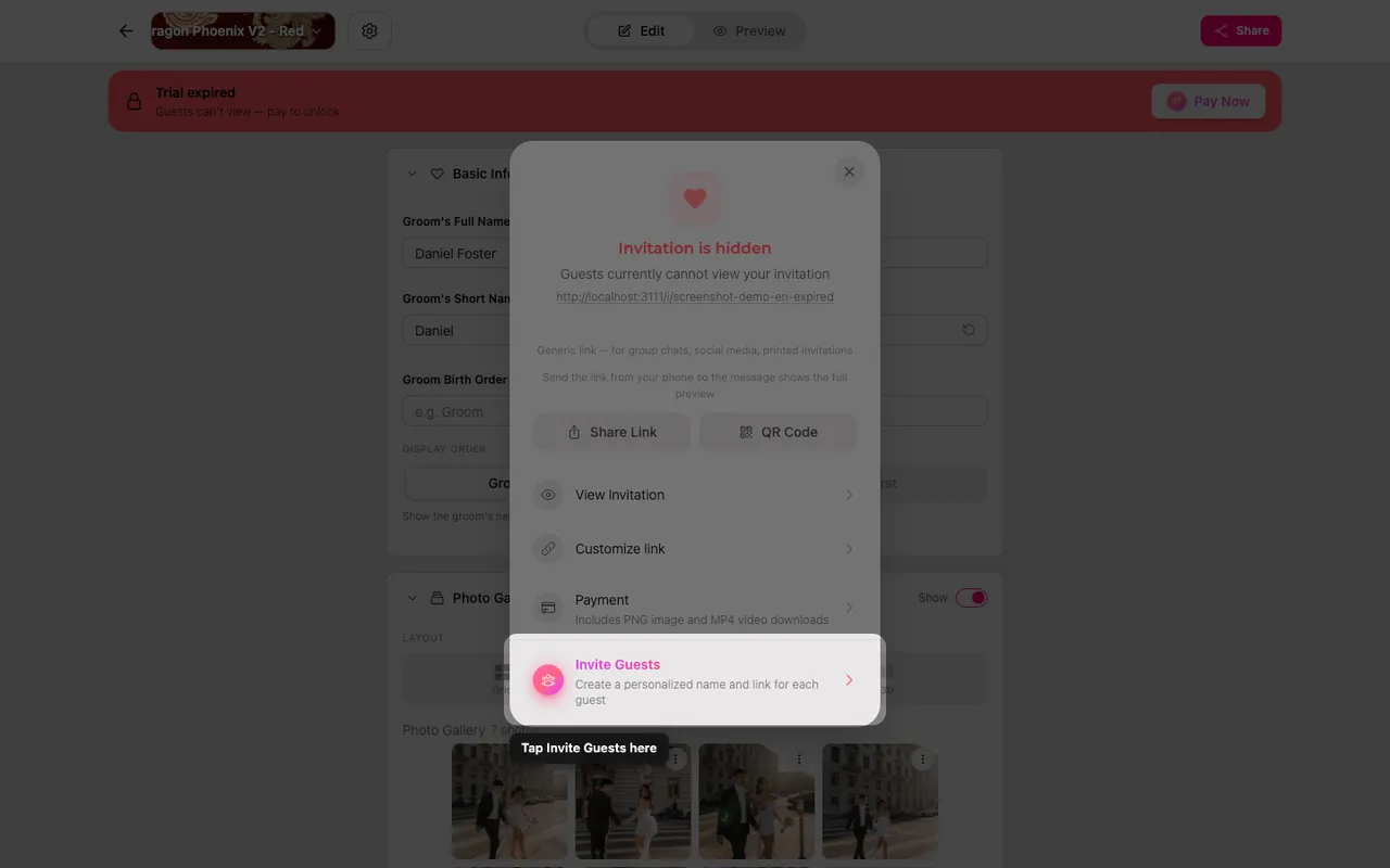 Paylaş panelindeki misafir davet et seçeneği