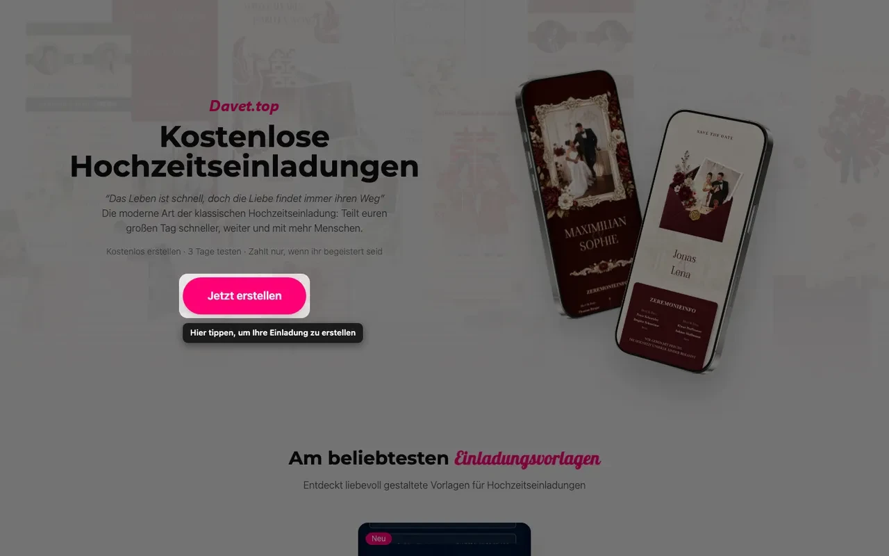 Die Schaltfläche zum Erstellen auf der Davet-Startseite