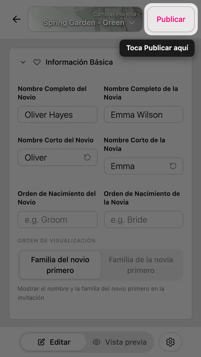 El botón Publicar en el editor