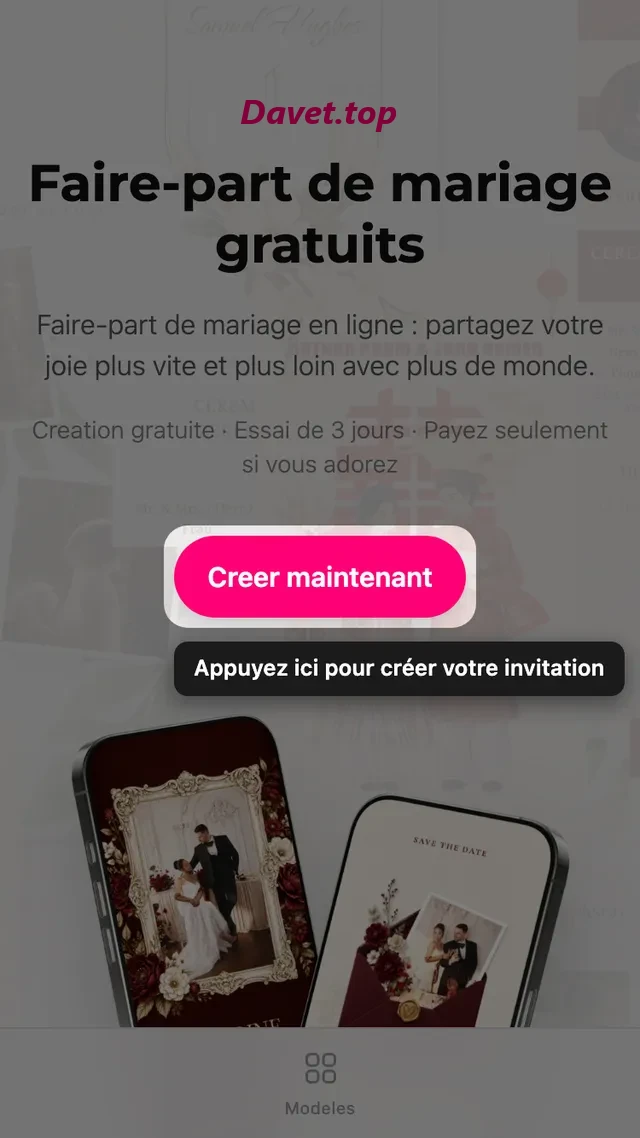 Le bouton de création sur la page d'accueil Davet