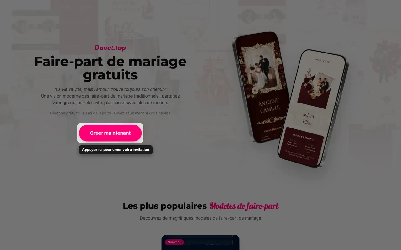 Le bouton de création sur la page d'accueil Davet