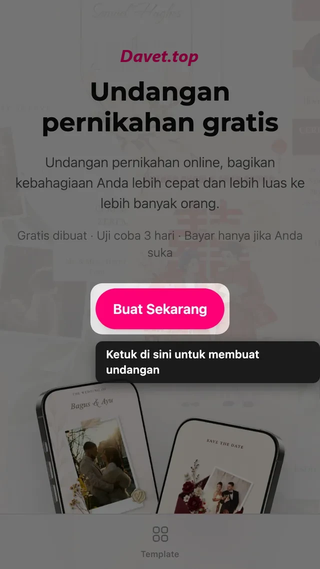 Tombol buat undangan di halaman depan Davet