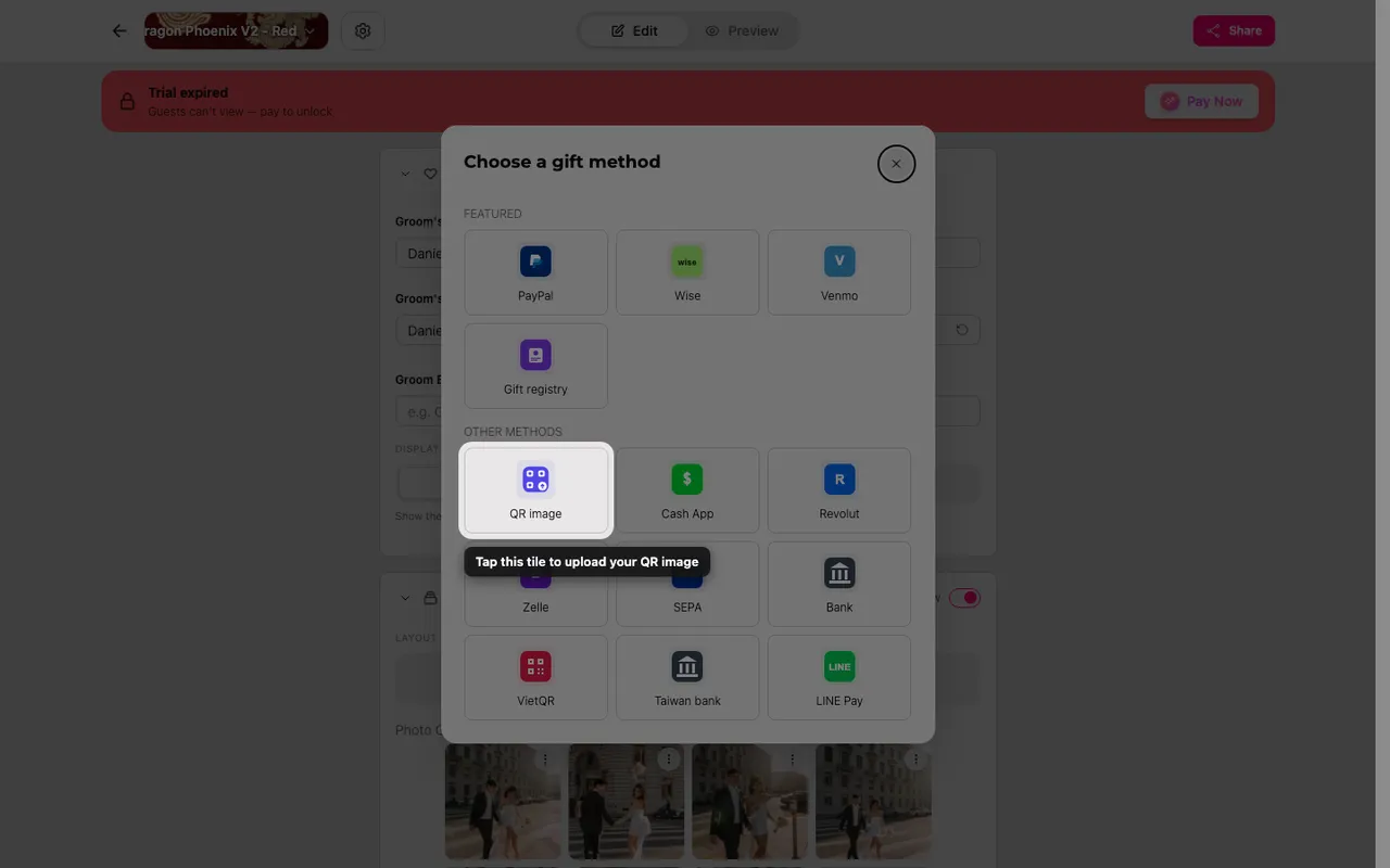 Hediye yöntemi seçicideki QR yükle kutucuğu