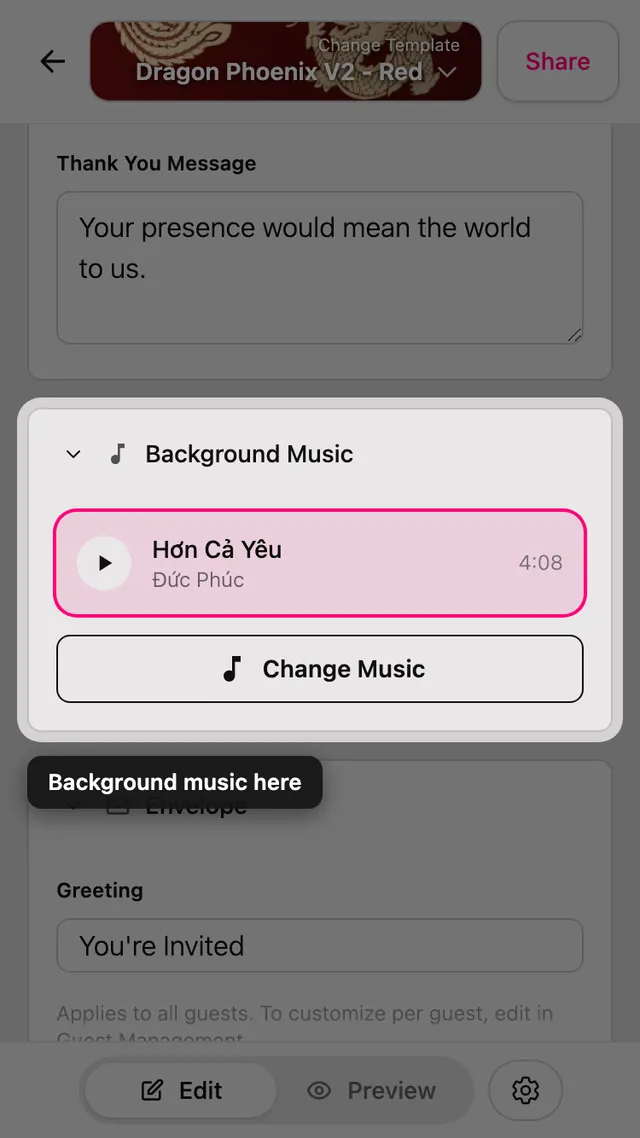 Düzenleyicideki arka plan Müzik bölümü