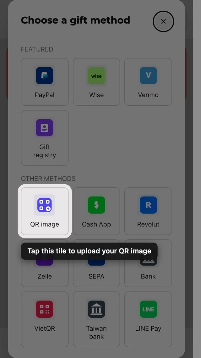 Hediye yöntemi seçicideki QR yükle kutucuğu